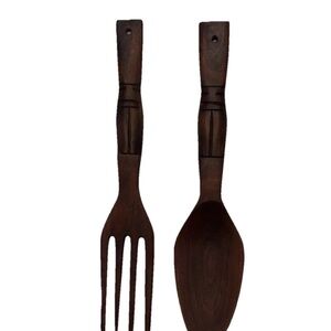 Hand Carved Filipino Wall Decor Vintage Fork & Spoon Set Philippines 12.5 Inch